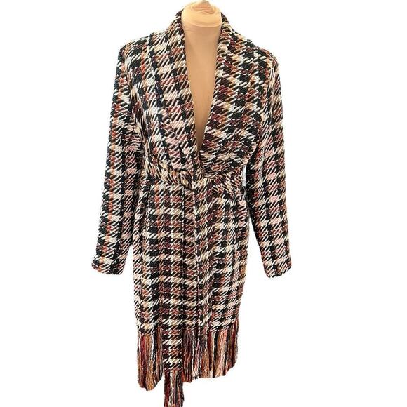 CAbi SZ M Women’s Regency Coat Belted Tweed Noble Plaid Wool Blend Fringe Hem